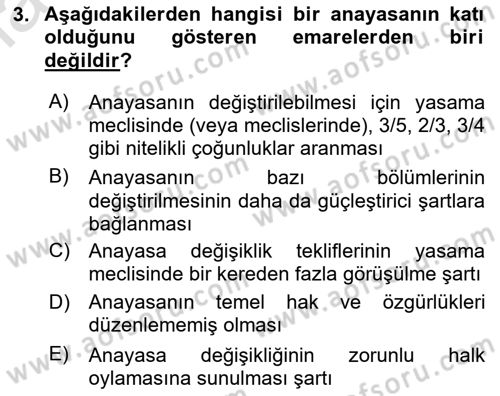 Anayasa Hukuku Dersi Ara Sınavı Deneme Sınav Soruları 3. Soru