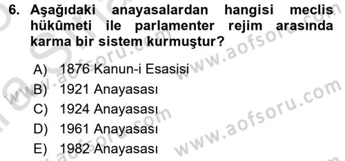 Anayasa Hukuku Dersi Ara Sınavı Deneme Sınav Soruları 6. Soru