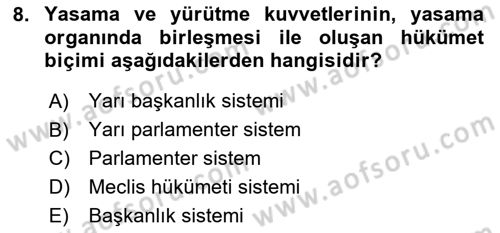 Anayasa Hukuku Dersi Ara Sınavı Deneme Sınav Soruları 8. Soru