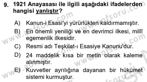 Anayasa Hukuku Dersi Ara Sınavı Deneme Sınav Soruları 9. Soru