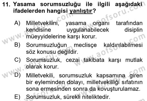 Anayasa Hukuku Dersi 2024 - 2025 Yılı (Final) Dönem Sonu Sınav Soruları 11. Soru