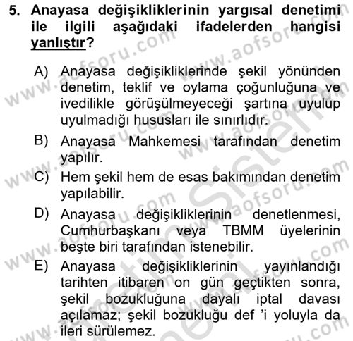 Anayasa Hukuku Dersi 2024 - 2025 Yılı (Final) Dönem Sonu Sınav Soruları 5. Soru