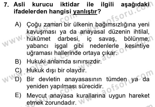 Anayasa Hukuku Dersi 2024 - 2025 Yılı (Final) Dönem Sonu Sınav Soruları 7. Soru