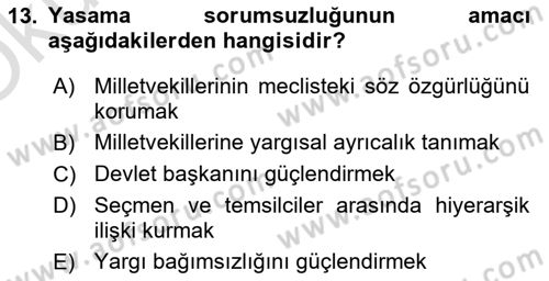Anayasa Hukuku Dersi 2024 - 2025 Yılı Yaz Okulu Sınav Soruları 13. Soru