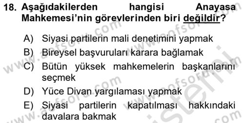 Anayasa Hukuku Dersi 2024 - 2025 Yılı Yaz Okulu Sınav Soruları 18. Soru