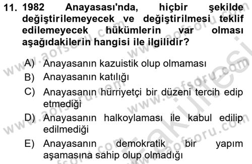 Anayasa Hukuku Dersi 2025 - 2026 Yılı (Vize) Ara Sınav Soruları 11. Soru