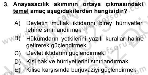 Anayasa Hukuku Dersi 2025 - 2026 Yılı (Vize) Ara Sınav Soruları 3. Soru