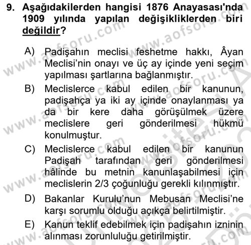 Anayasa Hukuku Dersi 2025 - 2026 Yılı (Vize) Ara Sınav Soruları 9. Soru