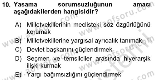 Anayasa Hukuku Dersi 2025 - 2026 Yılı (Final) Dönem Sonu Sınav Soruları 10. Soru