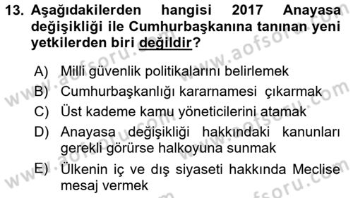 Anayasa Hukuku Dersi 2025 - 2026 Yılı (Final) Dönem Sonu Sınav Soruları 13. Soru