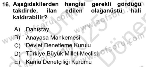 Anayasa Hukuku Dersi 2025 - 2026 Yılı (Final) Dönem Sonu Sınav Soruları 16. Soru