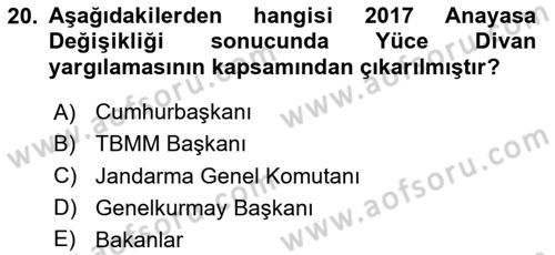 Anayasa Hukuku Dersi 2025 - 2026 Yılı (Final) Dönem Sonu Sınav Soruları 20. Soru