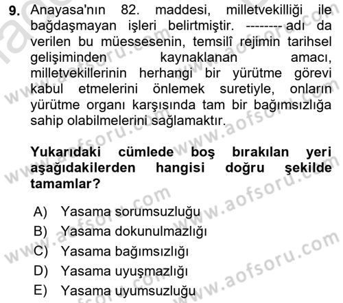 Anayasa Hukuku Dersi 2025 - 2026 Yılı (Final) Dönem Sonu Sınav Soruları 9. Soru