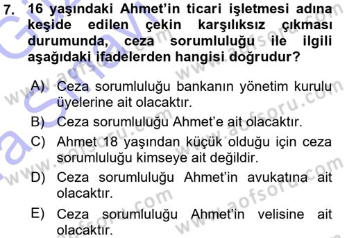 Ticaret Hukuku 1 Dersi 2015 - 2016 Yılı (Vize) Ara Sınavı 7. Soru