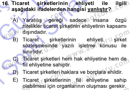 Ticaret Hukuku 1 Dersi 2015 - 2016 Yılı (Final) Dönem Sonu Sınavı 16. Soru