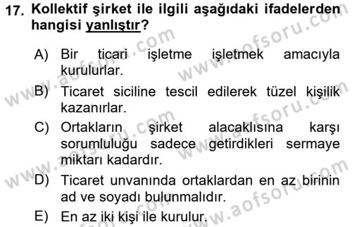 Ticaret Hukuku 1 Dersi 2015 - 2016 Yılı (Final) Dönem Sonu Sınavı 17. Soru