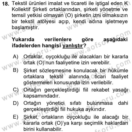 Ticaret Hukuku 1 Dersi 2015 - 2016 Yılı (Final) Dönem Sonu Sınavı 18. Soru