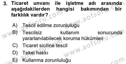 Ticaret Hukuku 1 Dersi 2015 - 2016 Yılı (Final) Dönem Sonu Sınavı 3. Soru