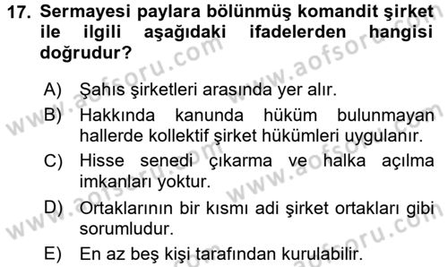 Ticaret Hukuku 1 Dersi 2016 - 2017 Yılı (Final) Dönem Sonu Sınav Soruları 17. Soru