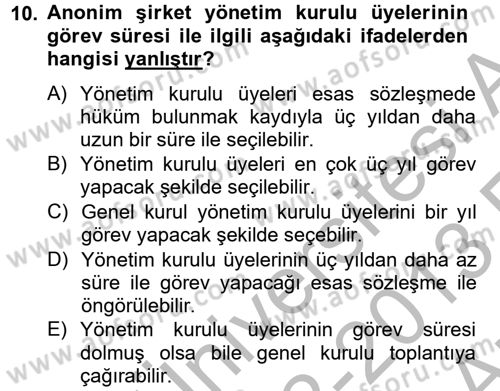 Ticaret Hukuku 2 Dersi 2012 - 2013 Yılı (Vize) Ara Sınav Soruları 10. Soru