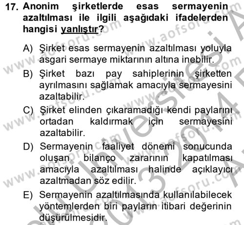 Ticaret Hukuku 2 Dersi 2013 - 2014 Yılı (Vize) Ara Sınav Soruları 17. Soru