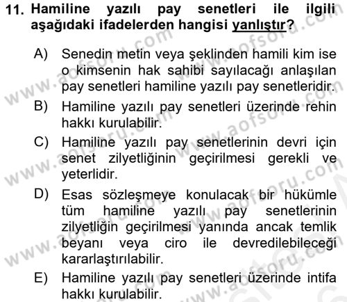 Ticaret Hukuku 2 Dersi 2015 - 2016 Yılı (Vize) Ara Sınav Soruları 11. Soru