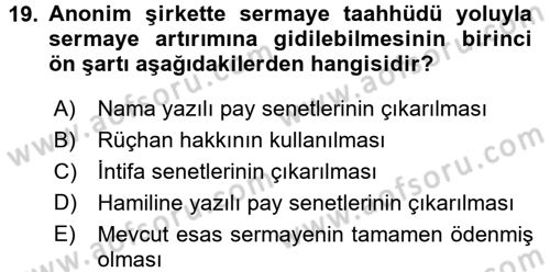 Ticaret Hukuku 2 Dersi 2015 - 2016 Yılı (Vize) Ara Sınav Soruları 19. Soru