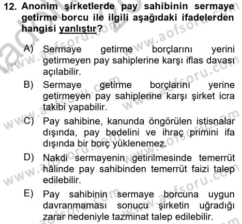 Ticaret Hukuku 2 Dersi 2016 - 2017 Yılı (Vize) Ara Sınavı 12. Soru