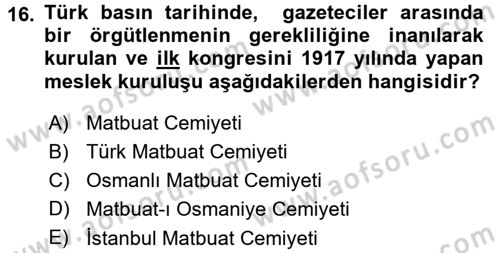 Medya Hukuku Dersi 2015 - 2016 Yılı (Final) Dönem Sonu Sınav Soruları 16. Soru
