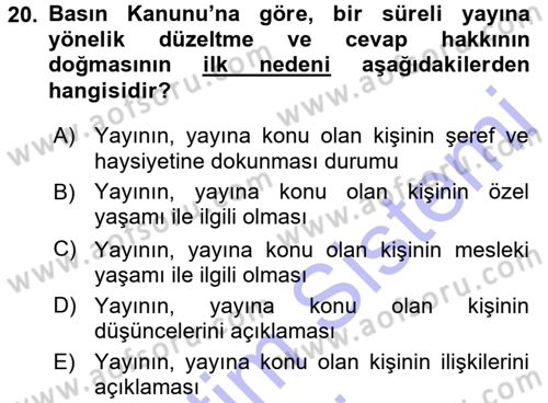 Medya Hukuku Dersi 2015 - 2016 Yılı (Final) Dönem Sonu Sınav Soruları 20. Soru