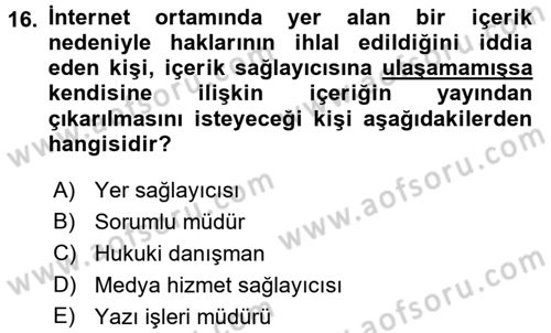 Medya Hukuku Dersi 2016 - 2017 Yılı 3 Ders Sınav Soruları 16. Soru