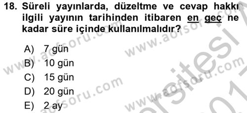 Medya Hukuku Dersi 2016 - 2017 Yılı 3 Ders Sınav Soruları 18. Soru
