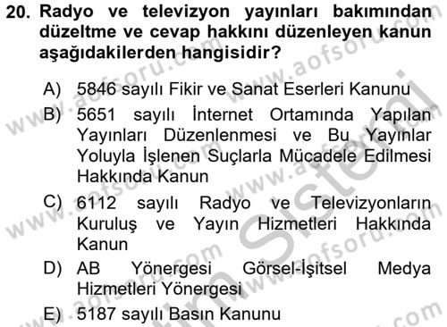 Medya Hukuku Dersi 2016 - 2017 Yılı 3 Ders Sınav Soruları 20. Soru