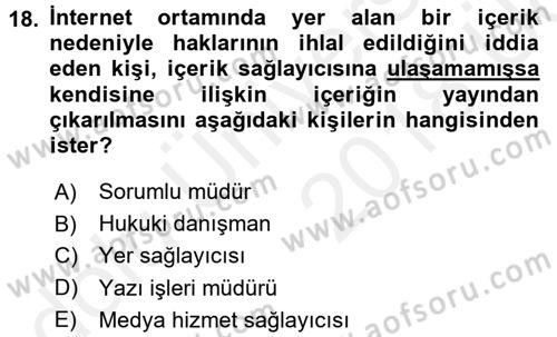 Medya Hukuku Dersi 2017 - 2018 Yılı 3 Ders Sınav Soruları 18. Soru