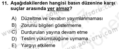 Medya Hukuku Dersi 2017 - 2018 Yılı (Final) Dönem Sonu Sınavı 11. Soru