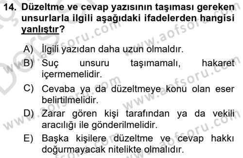 Medya Hukuku Dersi 2018 - 2019 Yılı 3 Ders Sınav Soruları 14. Soru