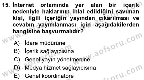 Medya Hukuku Dersi 2018 - 2019 Yılı 3 Ders Sınav Soruları 15. Soru