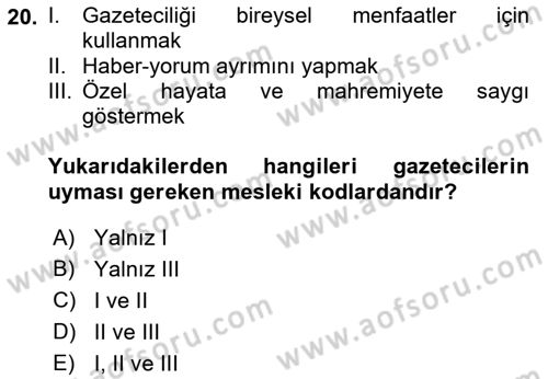 Medya Hukuku Dersi 2018 - 2019 Yılı 3 Ders Sınav Soruları 20. Soru