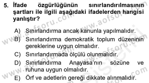 Medya Hukuku Dersi 2018 - 2019 Yılı (Vize) Ara Sınav Soruları 5. Soru