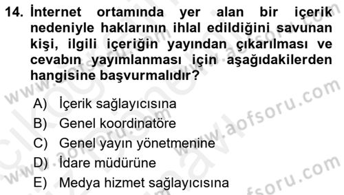 Medya Hukuku Dersi 2018 - 2019 Yılı (Final) Dönem Sonu Sınav Soruları 14. Soru