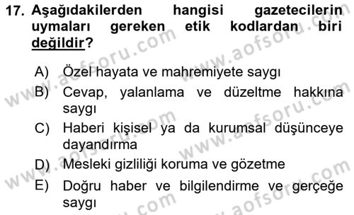 Medya Hukuku Dersi 2018 - 2019 Yılı (Final) Dönem Sonu Sınav Soruları 17. Soru