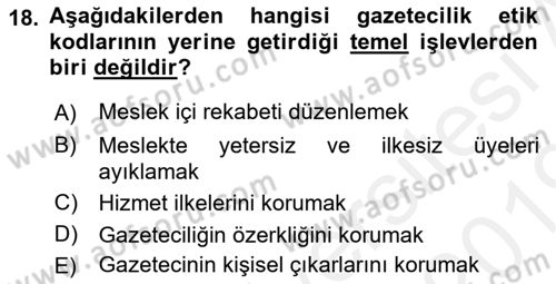 Medya Hukuku Dersi 2018 - 2019 Yılı (Final) Dönem Sonu Sınav Soruları 18. Soru