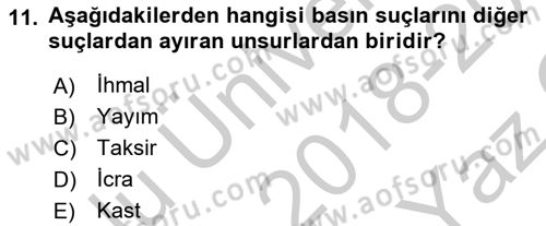 Medya Hukuku Dersi 2018 - 2019 Yılı Yaz Okulu Sınav Soruları 11. Soru
