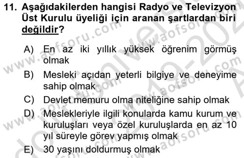 Medya Hukuku Dersi 2019 - 2020 Yılı (Vize) Ara Sınavı 11. Soru