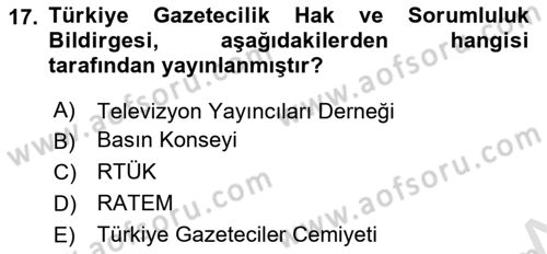 Medya Hukuku Dersi 2020 - 2021 Yılı Yaz Okulu Sınavı 17. Soru