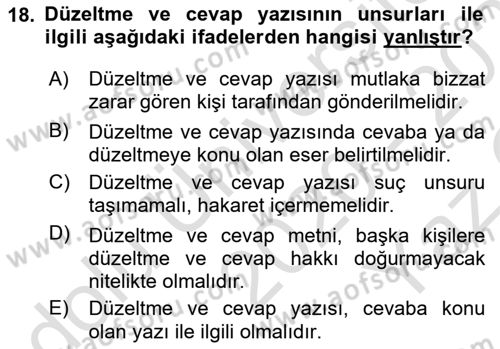 Medya Hukuku Dersi 2020 - 2021 Yılı Yaz Okulu Sınavı 18. Soru