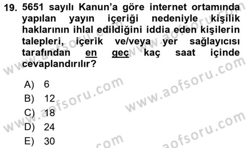 Medya Hukuku Dersi 2020 - 2021 Yılı Yaz Okulu Sınavı 19. Soru