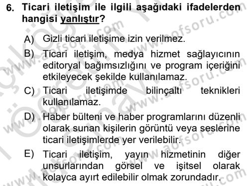 Medya Hukuku Dersi 2020 - 2021 Yılı Yaz Okulu Sınavı 6. Soru