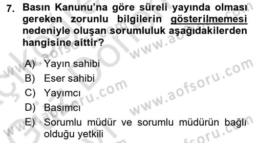 Medya Hukuku Dersi 2021 - 2022 Yılı (Vize) Ara Sınav Soruları 7. Soru