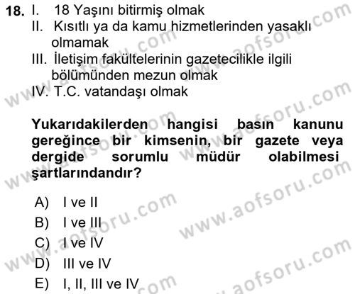 Medya Hukuku Dersi 2021 - 2022 Yılı (Final) Dönem Sonu Sınavı 18. Soru